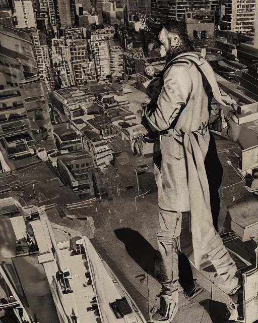 Image similar to a night rooftop scene, close up shot of a photorealistic gangster wearing a trench coat looking at the city below, unreal engine, hyper realism, realistic shading, cinematic composition, realistic render, octane render