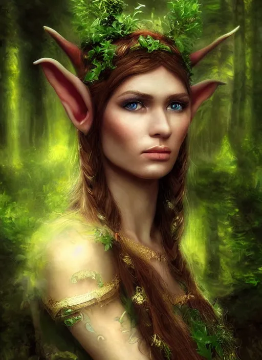 Image similar to A hyperrealistic fantasy portrait painting of a beautiful female elf in a lush dark atmospheric lightning forest, DAZ, hyperrealistic, ambient light, dynamic light