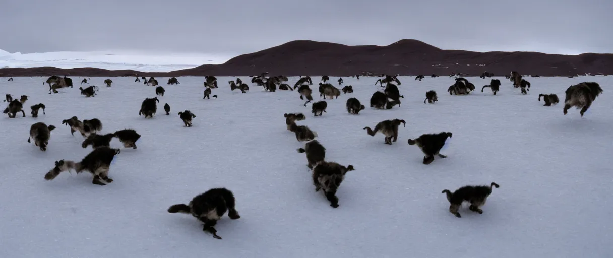 Image similar to filmic extreme wide shot movie still 4 k uhd interior 3 5 mm film color photograph of a bunch of creatures running around mcmurdo station in antartica