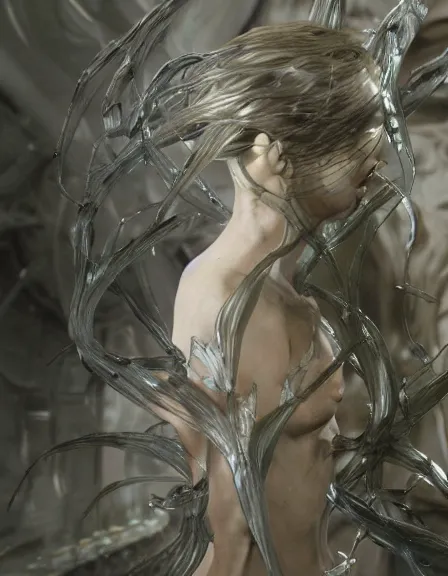 Image similar to still frame from Prometheus movie by Makoto Aida, hybrid dryad by Iris van Herpen painted by Caravaggio and by Yoshitaka Amano by Yumihiko Amano by Makoto Aida