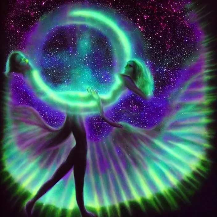 Prompt: the rise of the divine feminine energy, dark negative space, bioluminescent light surrounding the energy, aurora in the universe, cosmos, divine power energy, light force, hyper - realistic, highly detailed, mystical, sharp focus, realistic, sci - fi, the awakening of the divine energy