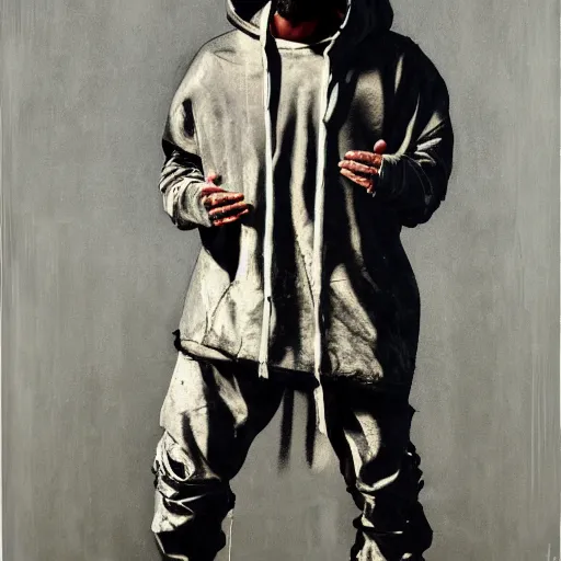 Image similar to a full body portrait of modern day jesus wearing yeezus streetwear hoodie and pants by nicola samori, oil painting, realistic, 8 k, adidas style