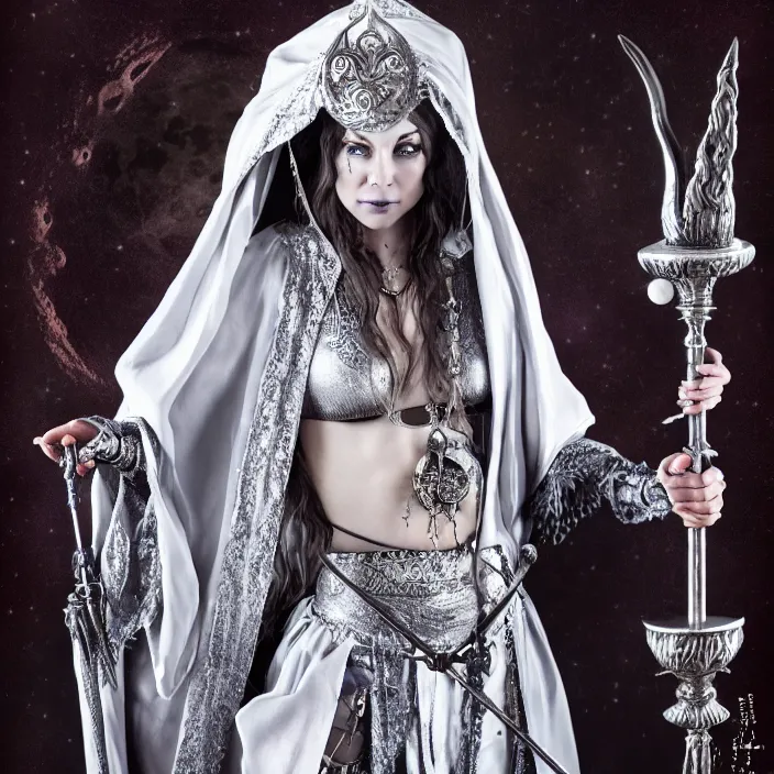 Image similar to photograph of a real-life beautiful elemental moon witch with ornate silver robes and staff. Extremely detailed. 8k