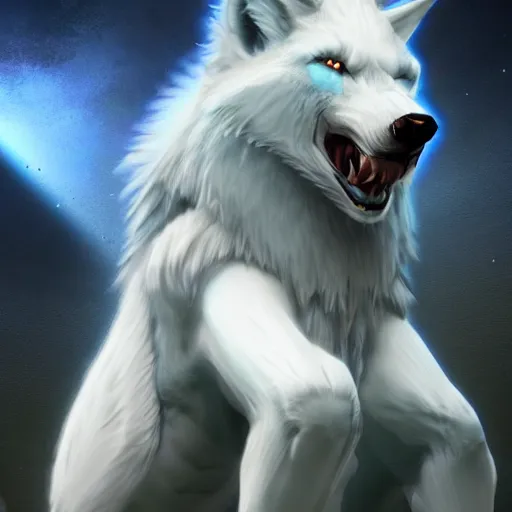 Image similar to a giant blue wolf with a white main and two unicorn horns, a white star shape on his forehead, yellow eyes, beautiful, ultra realistic, great wolf, unreal engine 5, dynamic lighting, highly detailed, lightning around