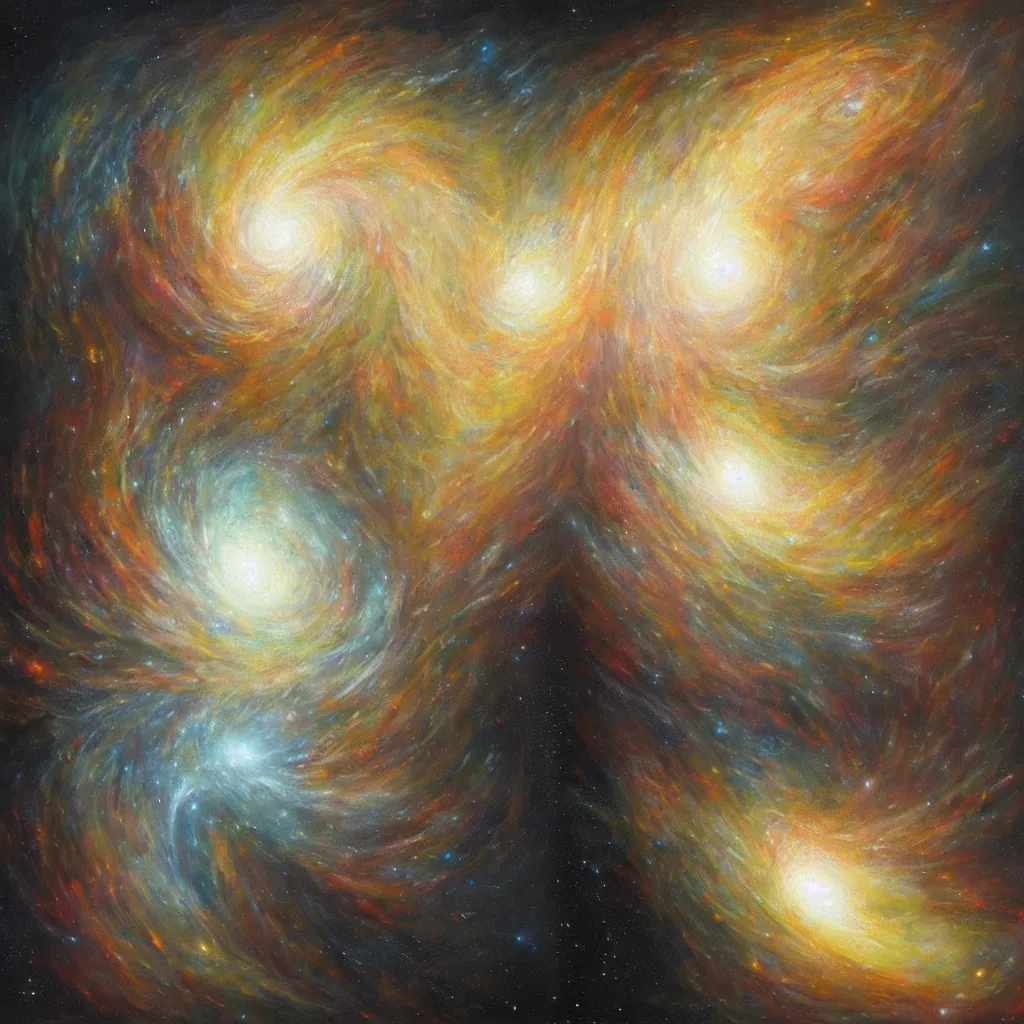 Prompt: a beautiful painting of two distant galaxies colliding by tomasz alen kopera and pablo munoz gomez