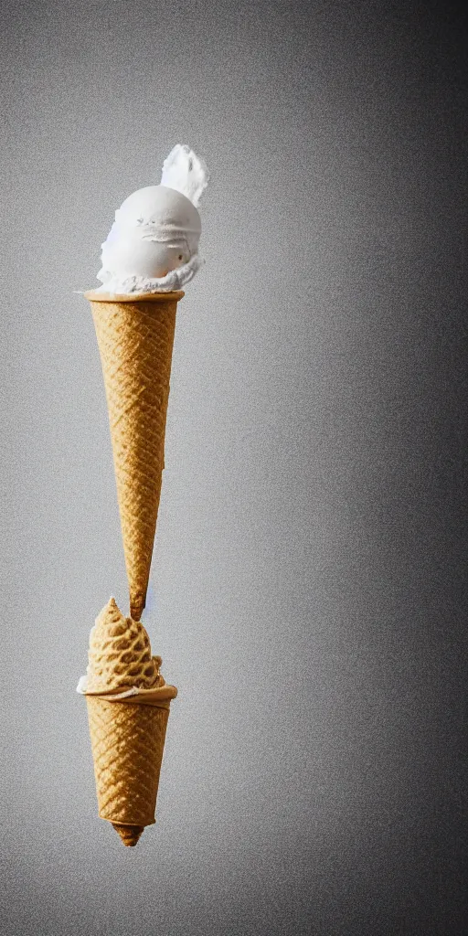 Prompt: a detailed photograph of a mysterious levitating ice cream cone made of human skin