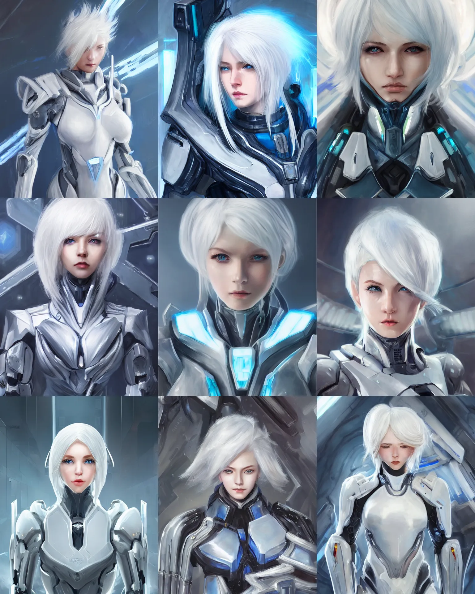 Prompt: perfect white haired girl, warframe armor, beautiful, dreamy, pretty face, blue eyes, portrait, bright light, scifi, utopian architecture in the background, laboratory, ultra realistic, intricate, cyborg, android, extreme details, focused, masterpiece, art by seunghee lee, blair armitage