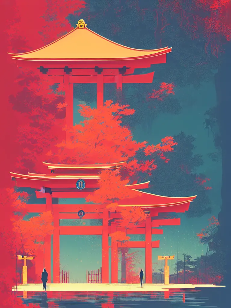 Image similar to a travel poster illustration depicting a japanese torii gate, vintage style, detailed illustration, digital painting, vector art, trending on artstration, by anton fadeev, by alena aenami