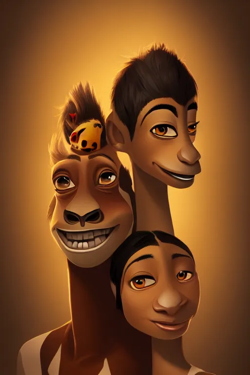 Image similar to a portrait of humanization of gloria and melman from madagascar, grim - lighting, high - contrast, intricate, elegant, highly detailed, digital painting, artstation, concept art, smooth, sharp focus, illustration