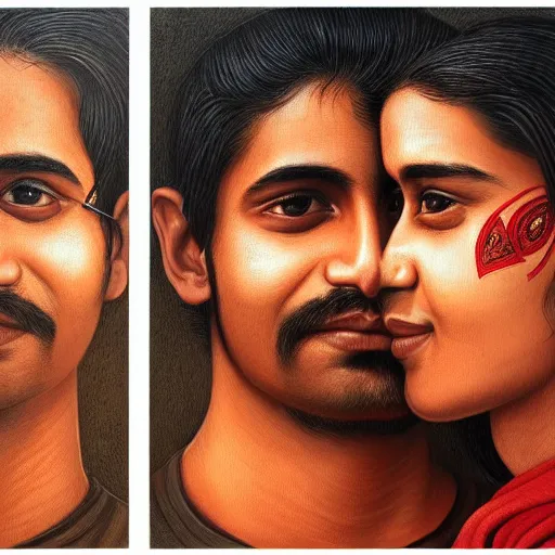 Image similar to perfectly centered symmetrical split male and female portrait of young indian man and woman in love sharing one heart. illustration, highly detailed, simple, no jagged lines, smooth, artstation, artwork by mike worrall