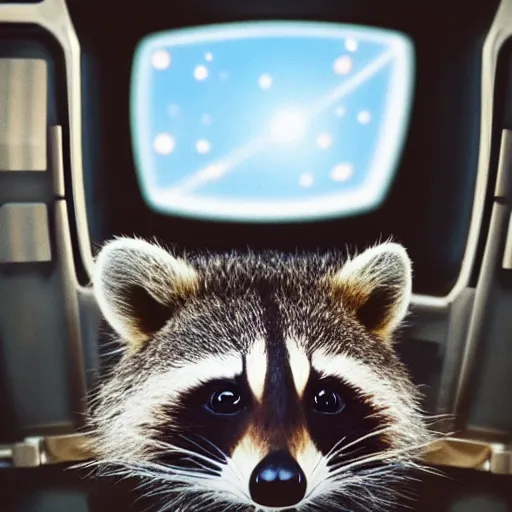 Prompt: A picture of a cute raccoon piloting a spaceship. The raccoon is wearing a space suit and is inside the cockpit. The earth is visible through a window. Large shot, award winning 8k