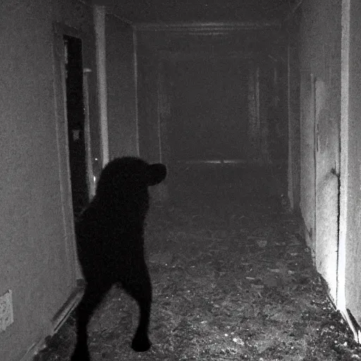 Prompt: hi - 8 night vision camera footage of a barely visible, bipedal minotaur with shrouded in darkness at the end of an extremely dark hallway in an abandoned house