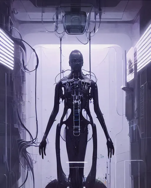 Image similar to neon surgery machine cyberpunk futuristic, in a white room, art by giger, greg rutkowski