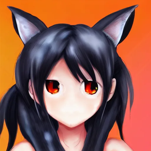 Image similar to tomboy anime girl with dark skin, black hair, wolf ears and glowing orange eyes, deviantart, artstation
