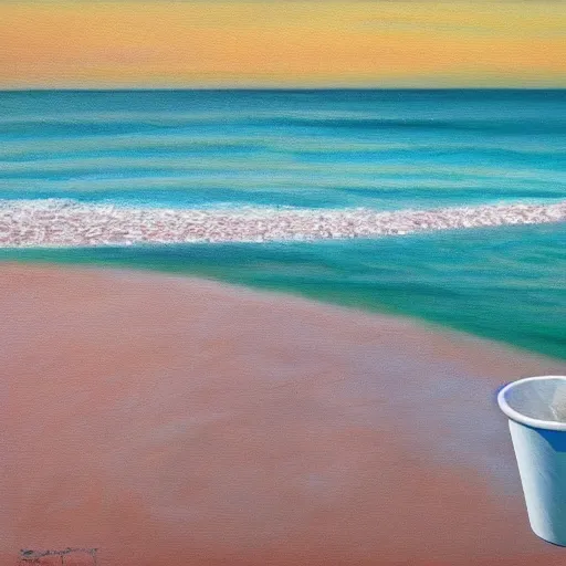 Image similar to an oil painting of a giant white styrofoam cup on the beach, the beach has red water, surrealism