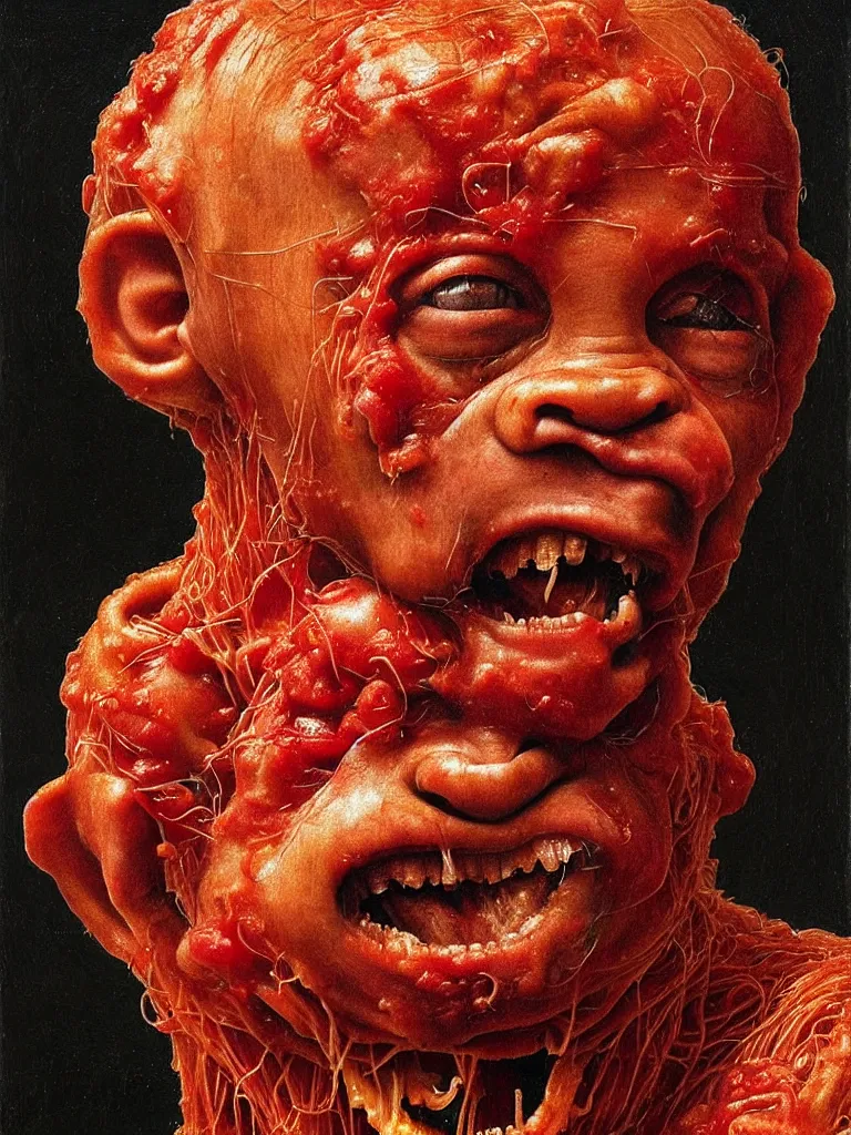 Image similar to half boy half rhino made of spaghetti and tomato sauce, looking straight into camera, screaming in pain, by giuseppe arcimboldo and ambrosius benson, renaissance, fruit, intricate and intense oil paint, a touch of beksinski and hr giger and edward munch, realistic