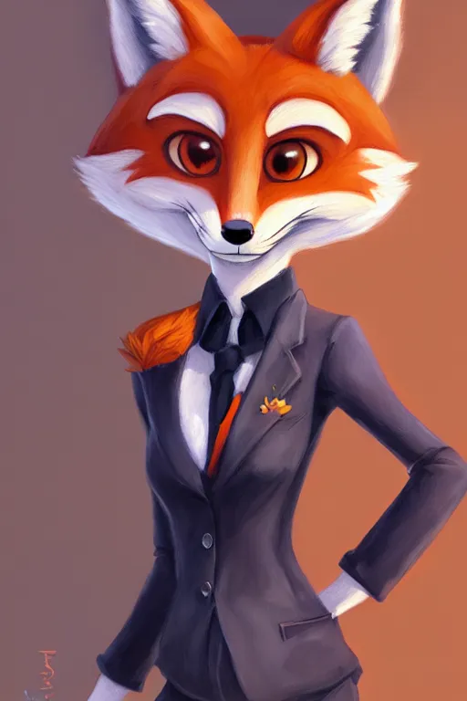 Image similar to oil painting of anthromorphic female fox, in style of zootopia, female fursona, furry, furaffinity, 4 k, deviantart, furry art, fursona art, wearing black business suit, business suit, fox fursona, female, smug expression,