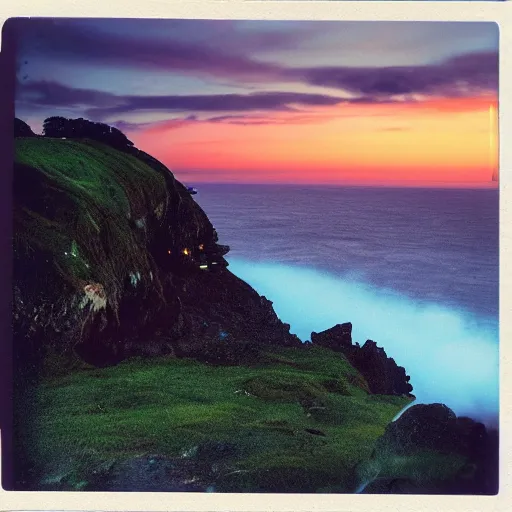 Image similar to night, blue hour, early night, deep blue atmosphere, overcast, low light, sundown, scattered islands, sea, ocean, low pressure system, cloud with eye, very windy, late evening, distant hotel retreat on cliffside, shining lights on cliff side, polaroid photograph