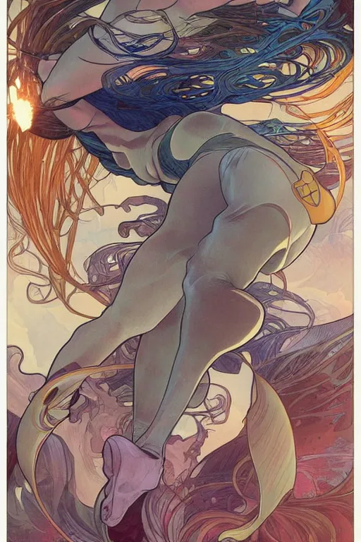 Image similar to swimming through time, by artgerm and moebius and alphonse mucha, hyperdetailed, dc comics, explosions in the sky, trending on artstation