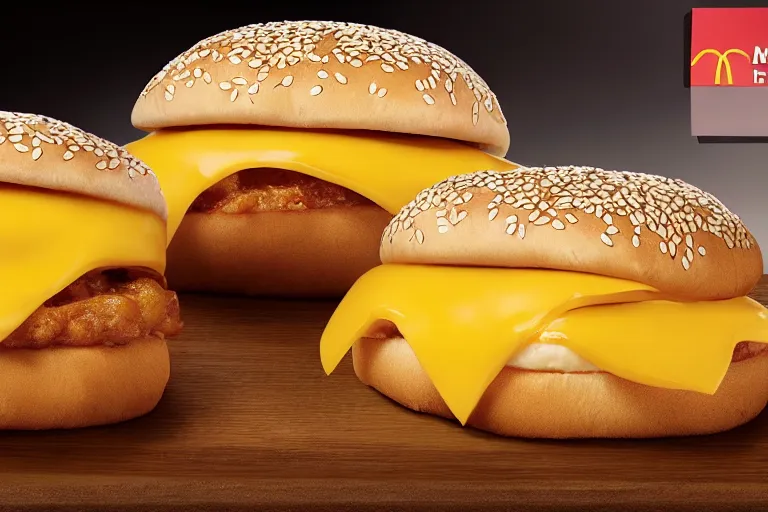 Prompt: mcdonalds fifty cheese slices between two sesame seed buns, commercial photograph