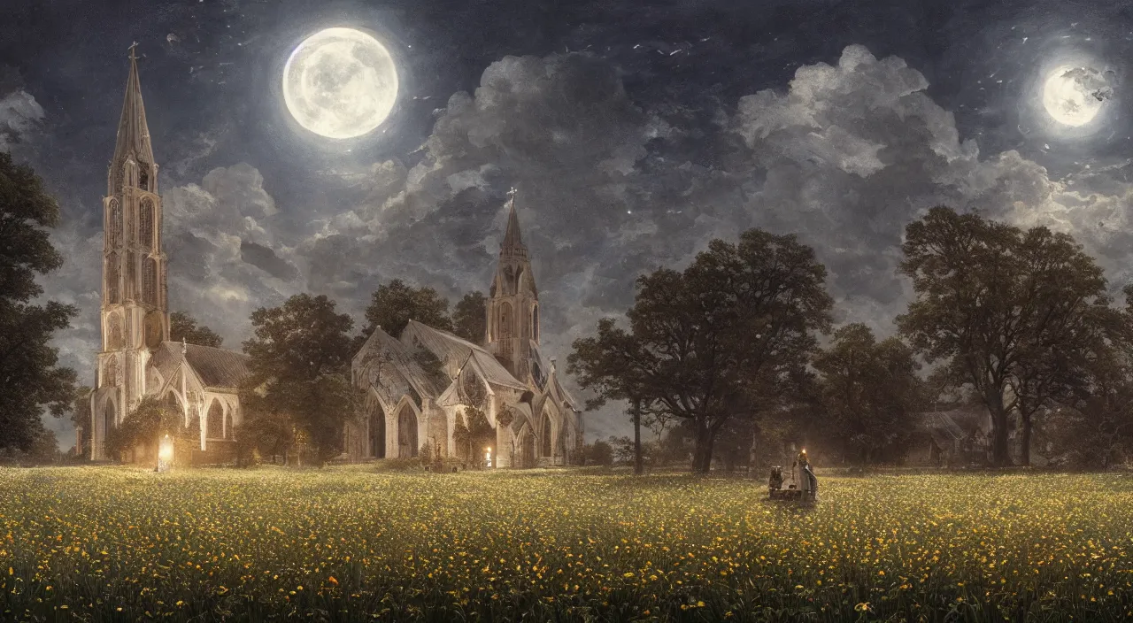 Prompt: A church in a field of flowers, with moonlight shining on the earth.highly realistic, hyper detailed,cinematic,4k,by Greg Rutkowski and gustav doré