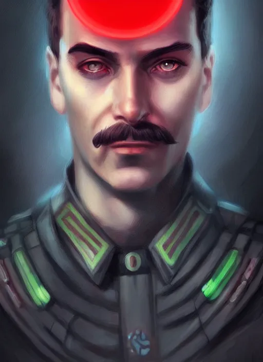 Image similar to « a portrait o cyberpunk joseph stalin, glowing eyes, a digital painting by charlie bowater, featured on cgsociety, fantasy art, behance hd, wiccan, artstation hd »