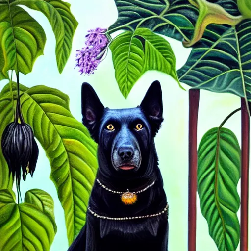 Image similar to oil painting of a black dog next to brugmansia suaveolens flowers, scary, realistic