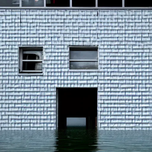 Image similar to flooded building entirely made of white tiles, liminal space, surreal, minimalist architecture,