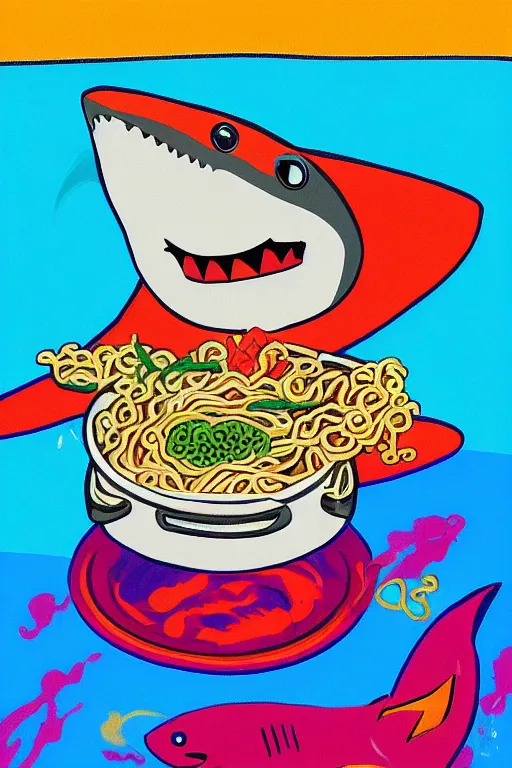 Prompt: a colorful shark eating ramen by leo lionni