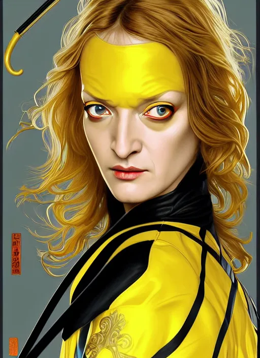 Image similar to uma thurman in kill bill, rococo and art nouveau fusion, reflective katana, yellow jumpsuit with black stripe, highly detailed, deep focus, elegant, digital painting, smooth, sharp focus, illustration, ultra realistic, japanese art by artgerm and alphonse mucha