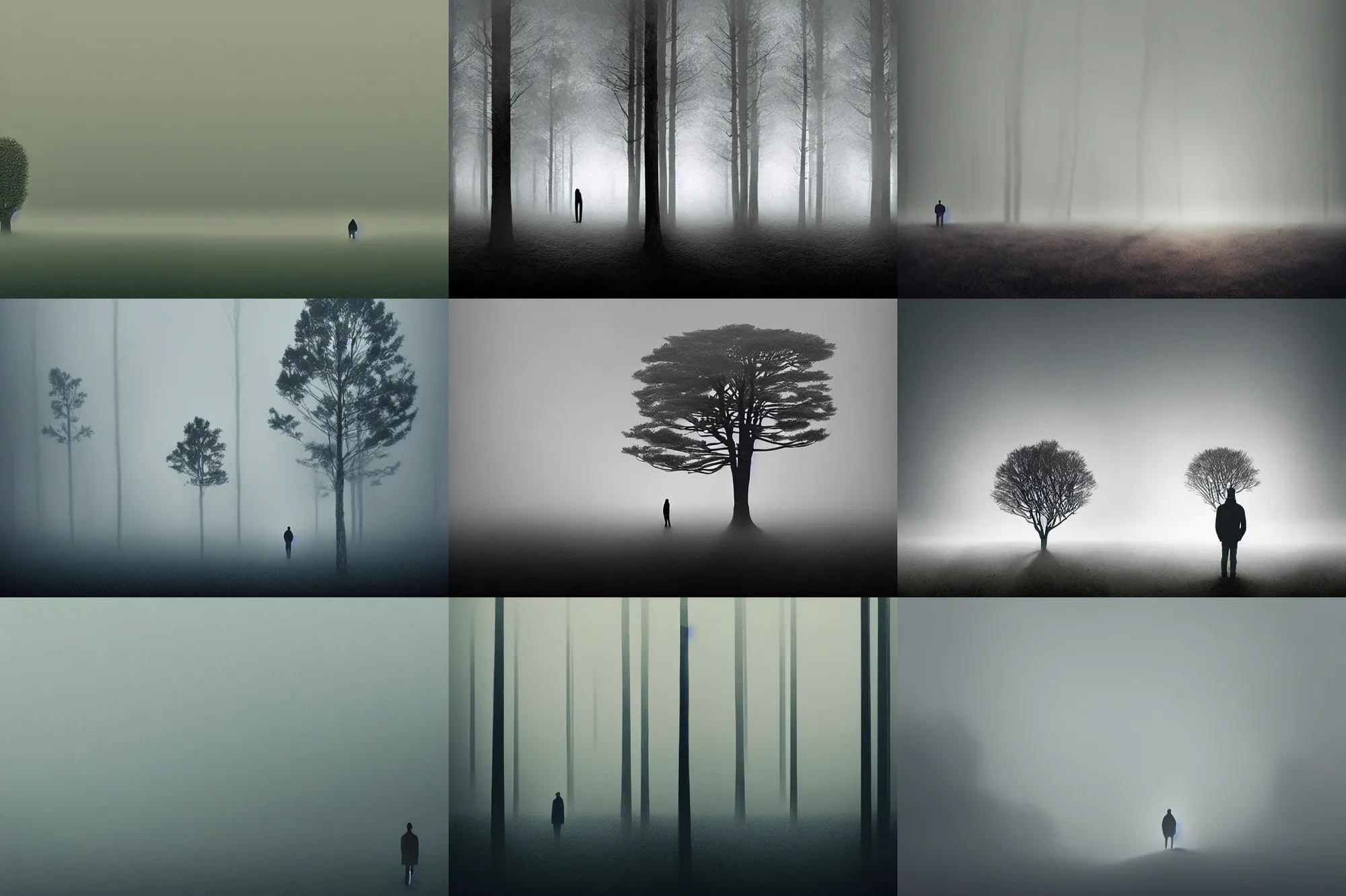 Prompt: editorial illustration by karolis strautniekas and mads berg, illustrated very tiny trees, person standing very close to camera, fog, fine texture, detailed, muted colors, dramatic lighting, dynamic composition, vivid, matte print, wide angle, ( ( sunbeams ) ), moody