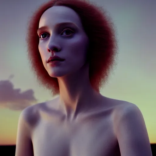 Image similar to photographic portrait of a stunningly beautiful english renaissance female in soft dreamy light at sunset, mountain peak, soft focus, contemporary fashion shoot, in a denis villeneuve and tim burton movie, by edward robert hughes, annie leibovitz and steve mccurry, david lazar, jimmy nelsson, extremely detailed, breathtaking, hyperrealistic, perfect face, octane render