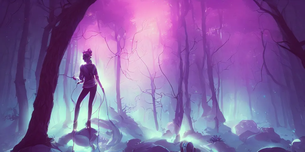 Prompt: a non - binary vr musician plugging cables into trees in a mystical glowing forest in the style of artgerm, charlie bowater, ilya kushinov, atey ghailan and mike mignola, vibrant colors and hard shadows and strong rim light, plain background, comic cover art, trending on artstation