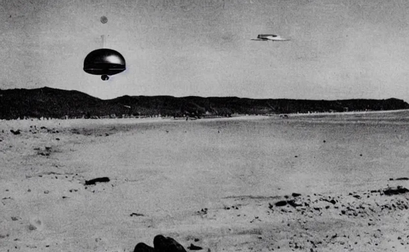 Image similar to ufo above a beach, old photo, newspaper photo, front page news