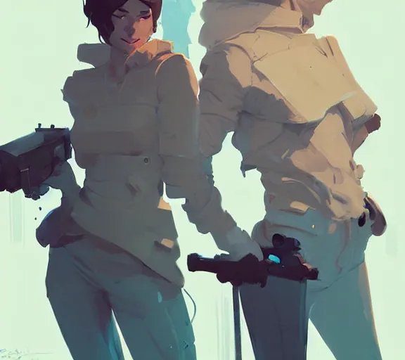 Image similar to portrait jayce and viktor by atey ghailan, by greg rutkowski, by greg tocchini, by james gilleard, by joe fenton, by kaethe butcher, by ashley wood, dynamic lighting, gradient light blue, brown, blonde cream and white color scheme, grunge aesthetic