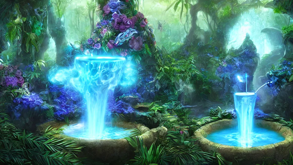 Prompt: immortality fountain, well, in the jungle. bloom, blue lighting. fantasy, digital painting, hd, detailed.