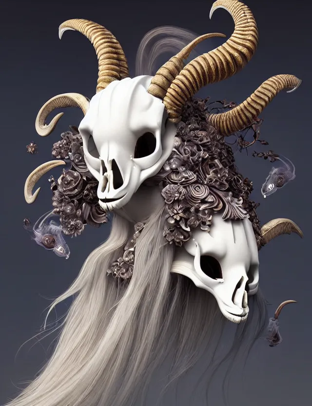 Image similar to 3 d goddess goat skull half - turn portrait with long hair with ram skull. beautiful intricately detailed japanese crow kitsune mask and clasical japanese kimono. betta fish, jellyfish phoenix, bio luminescent, plasma, ice, water, wind, creature, artwork by tooth wu and wlop and beeple and greg rutkowski