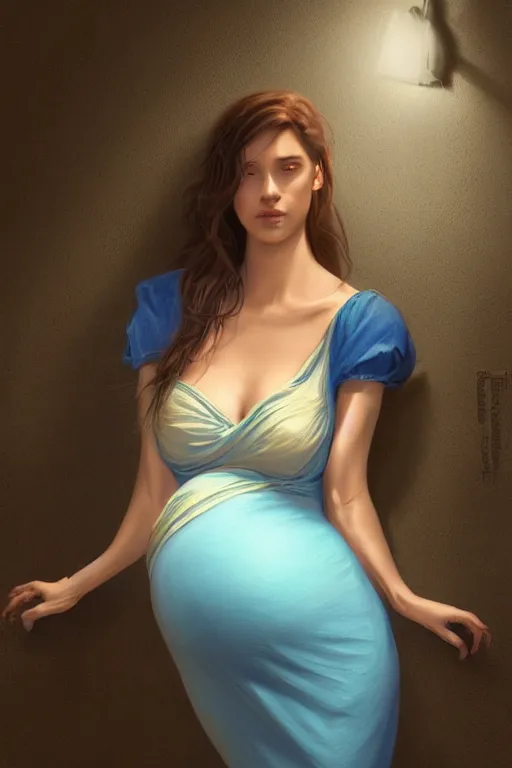 Prompt: pregnant woman in a short blue dress in night under street light, highly detailed, sharp focused, ultra realistic digital concept art by Edwin Longsden Long, Charlie Bowater