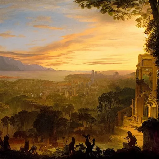 Image similar to vista of a city at sunset, the city is a sprawling renaissance city that is built on the rolling hills of a wide bay amidst cyclopean mausoleums with the rainforest at its edges, rpg, hubert robert, cityscape, vista, dying earth, reclaimed ruins