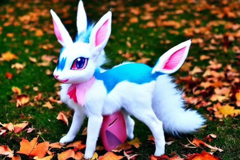 Prompt: real life sylveon pokemon, cute!!!, heroic!!!, adorable!!!, playful!!!, fluffly!!!, happy!!!, cheeky!!!, mischievous!!!, ultra realistic!!!, autumn, clear weather, golden hour, sharp focus