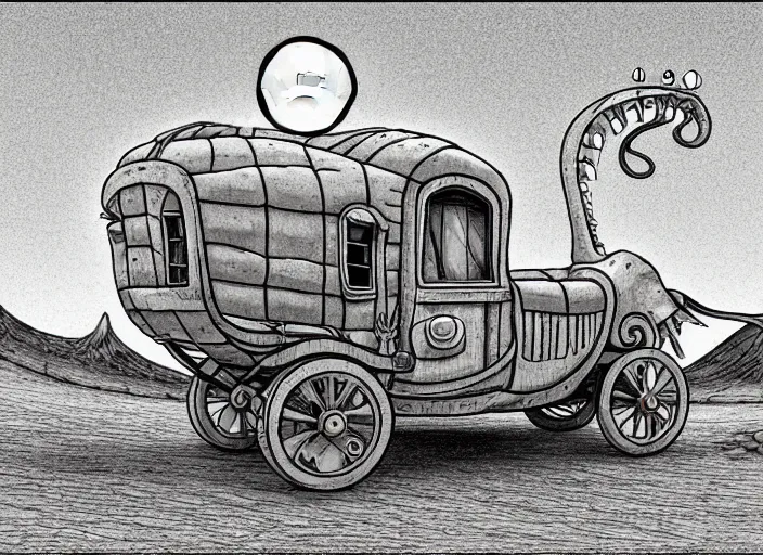 Image similar to a cell shaded cartoon of a lovecraftian snail stage coach from howl's moving castle ( 2 0 0 4 ), on a desert road, in front of a pale full moon, full body, wide shot, very dull muted colors, studio ghibli, highly detailed, deviantart, art by artgem