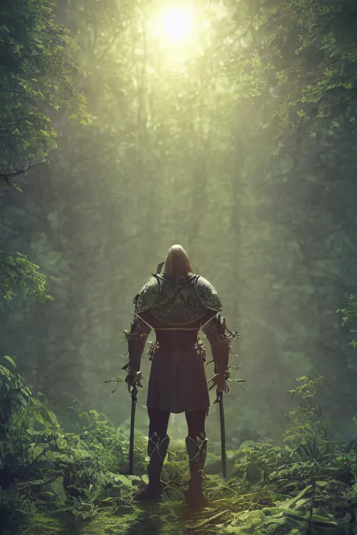 Image similar to a templar knight standing in a forest near a river at sunset, anatomically correct, hyperrealistic, concept art, octane render, unreal engine 5, trending on Artstation, high quality, 8K, highly detailed, symmetrical, five fingers, path tracing, soft lighting