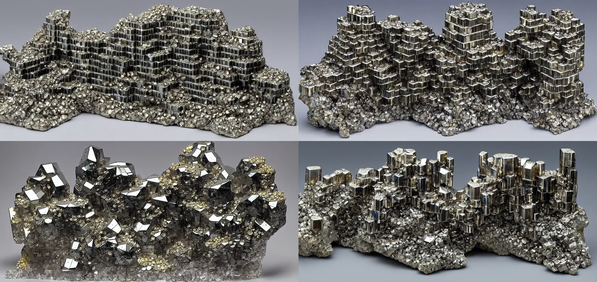 Prompt: crystal city made of bismuth and pyrite