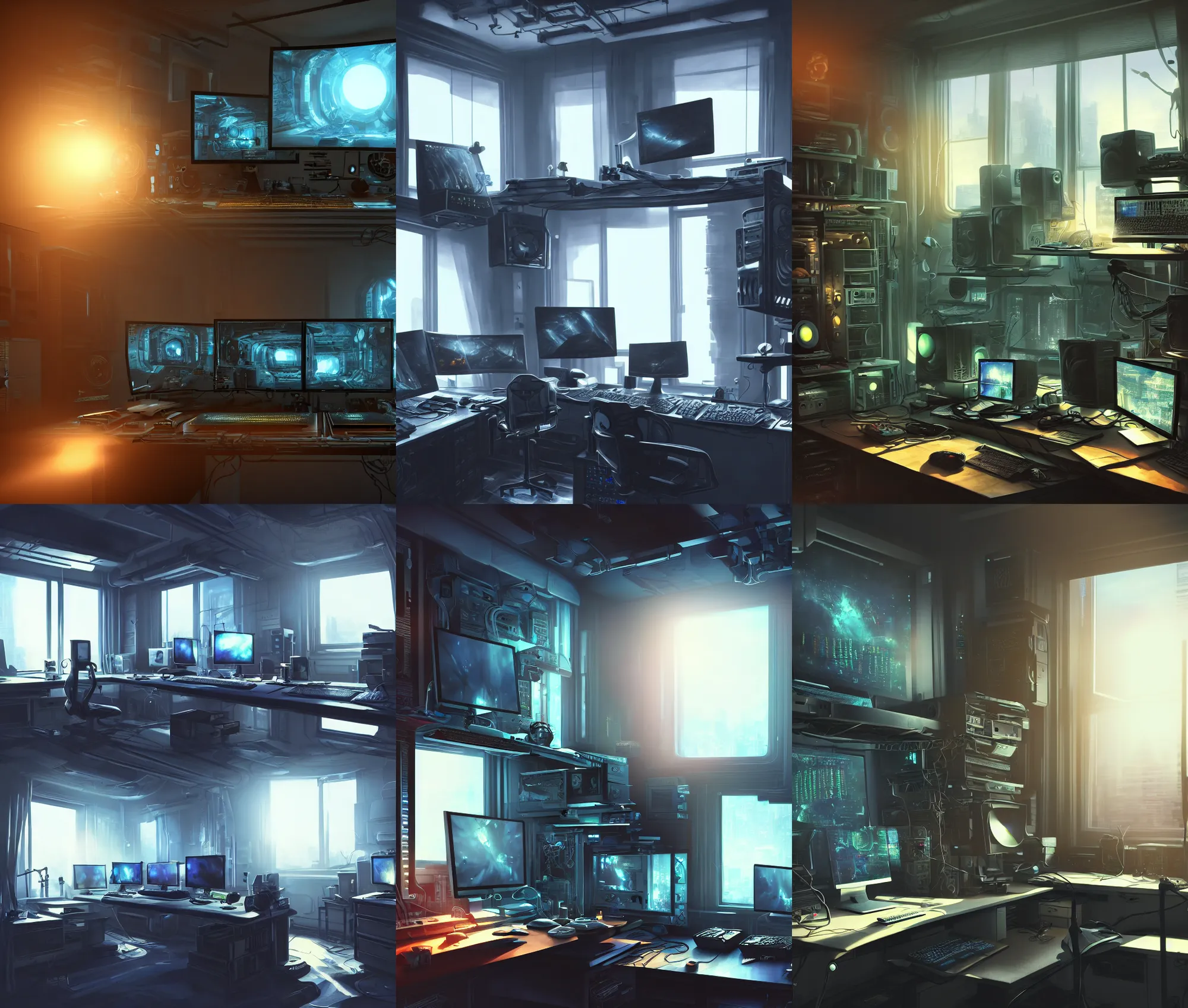 Image similar to detailed scifi artstation scene of a complex computer workstation in a small studio apartment room, many monitors, many electronics, a window view, maximalism, volumetric light, sunny amber morning light, sun beam, atmospheric haze, fine details, unreal engine, hyperrealism, realistic shading, blender render, photorealistic, wide shot