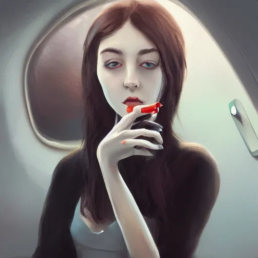 Prompt: a dark - haired girl smoking on a plane - highly detailed, digital painting, artstation, concept art, sharp focus, illustration