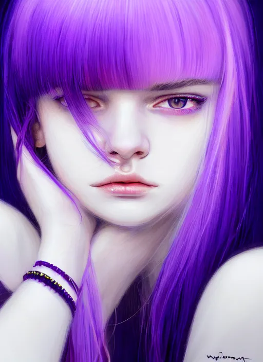 Image similar to hair whitebangs hair, black hair, whitebangs, portrait of teenage girl with white bangs, red irises, purple clothes, white bangs, bangs are different color from hair, intricate, elegant, glowing lights, highly detailed, digital painting, artstation, concept art, smooth, sharp focus, illustration, art by wlop, mars ravelo and greg rutkowski