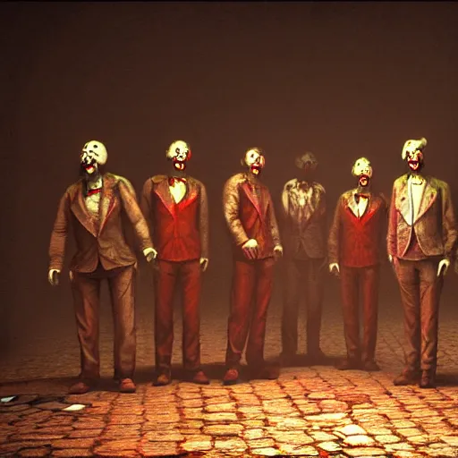 Prompt: a group of men dressed as clowns standing around a tv screen in a dark foggy alley in silent hill