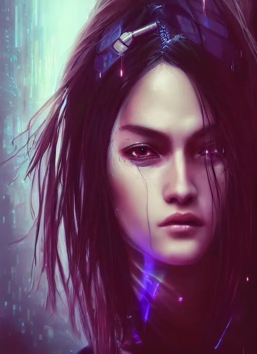 Image similar to beautiful, young cyberpunk ninja woman, extremely detailed gorgeous face, looks realistic, hyper-detailed portrait, sad eyes tears, vaporwave aesthetic, synthwave, magical, fantasy, ninchaku , artist Artgerm i and WLOP