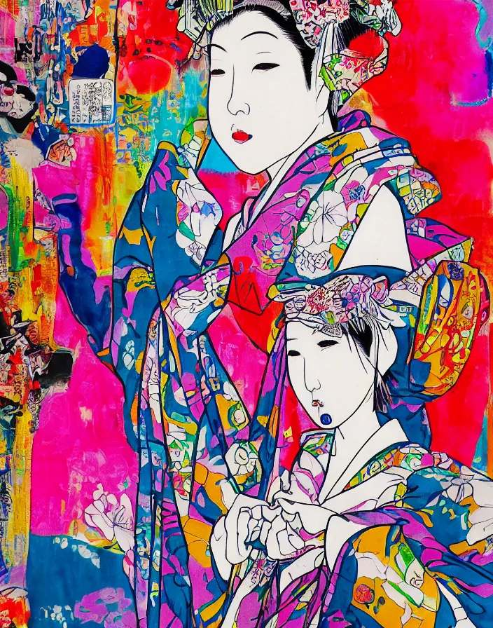 Prompt: ink on paper, a portrait of a geisha wearing a colorful kimono with graffiti tags in front of a tokyo subway, by goyo hashiguchi!!, colorful, xray melting colors!!