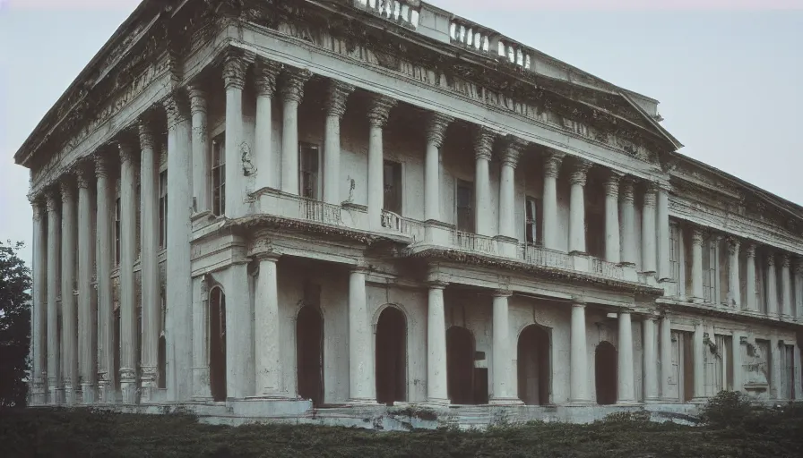 Prompt: 1 9 7 0 s movie still of a neoclassical building, by piranesi, cinestill 8 0 0 t, high quality, high detailed